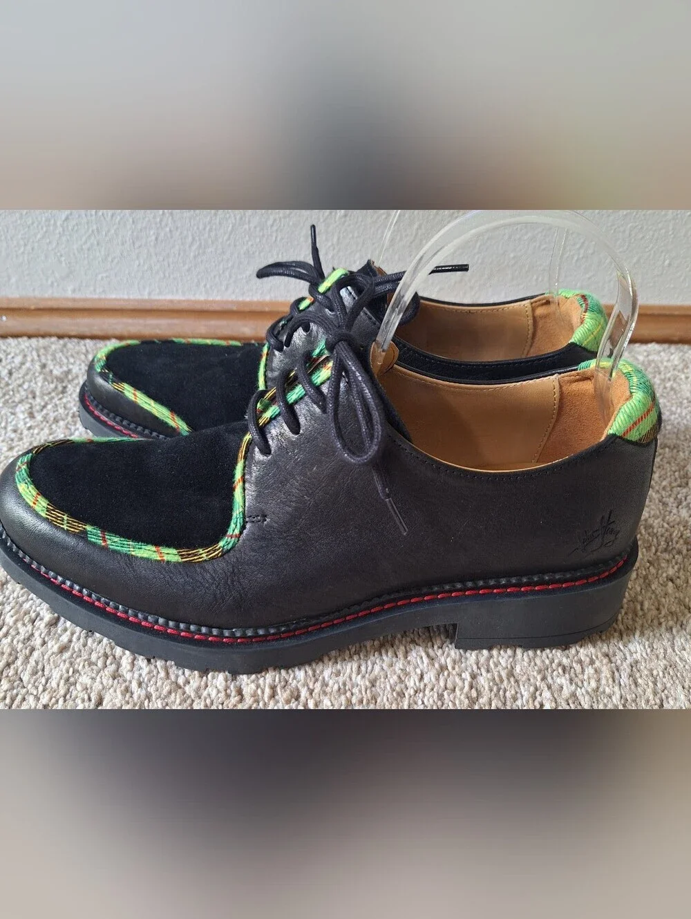 JOHN FLUEVOG Angel Maevey Black Leather Suede Green Piping Lace Up M 7.5 W 9.5
